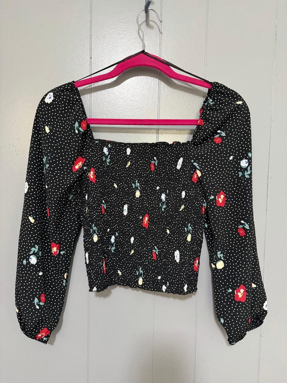Abercrombie & Fitch Black Floral Polka Dot Smocked Long Sleeve Peasont Top S